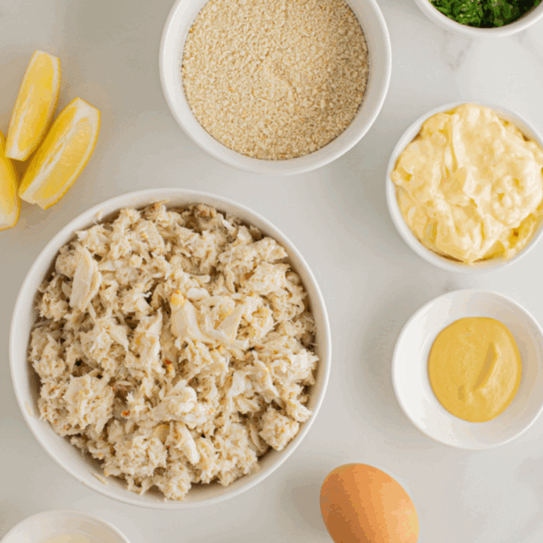 Fresh lump crab meat mixed with mayonnaise, egg, Dijon mustard, Worcestershire sauce, parsley, panko, and seasonings in a medium bowl.