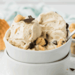 Ninja Creami Baskin Robbins copycat cookie dough ice cream with creamy vanilla base and chocolate chip cookie dough pieces in a bowl.