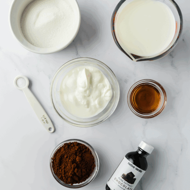 Ingredients needed for Ninja Creami Chocolate Malt Ice Cream on kitchen table.