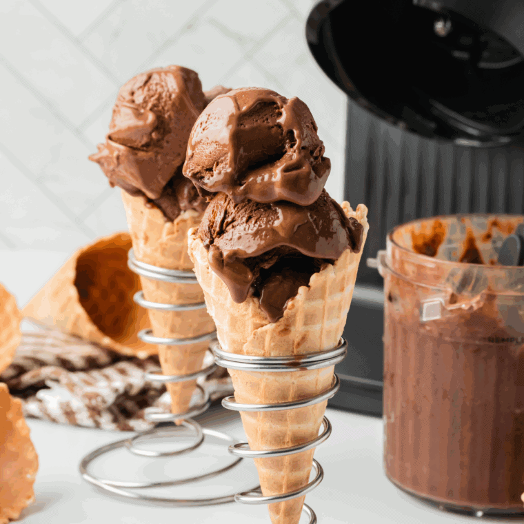 Homemade Ninja Creami Copycat Baskin Robbins Chocolate Fudge Ice Cream in a bowl, creamy and rich with chocolate chunks.