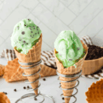 Close-up of Ninja Creami Copycat Baskin Robbins Mint Chocolate Chip ice cream in a bowl, showing creamy texture and chocolate chips