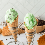Close-up of Ninja Creami Copycat Baskin Robbins Mint Chocolate Chip ice cream in a bowl, showing creamy texture and chocolate chips