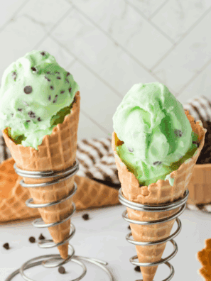 Close-up of Ninja Creami Copycat Baskin Robbins Mint Chocolate Chip ice cream in a bowl, showing creamy texture and chocolate chips