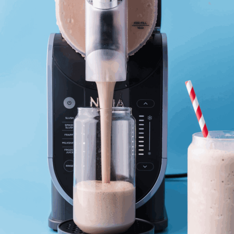 Scoop the creamy, protein-packed slushy milkshake into a glass, ready to serve and enjoy immediately.