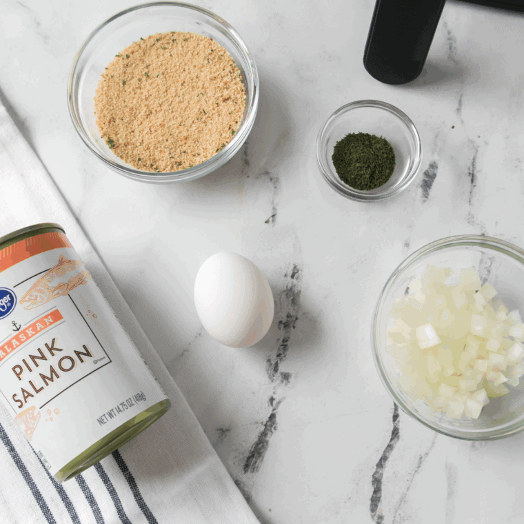 Ingredients needed for Pioneer Woman Salmon Patties on kitchen table.