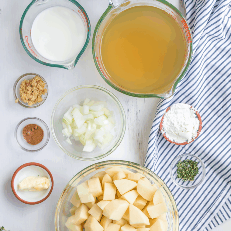 Ingredients needed for Red Lobster Bacon Potato Soup Copycat Recipe on kitchen table.