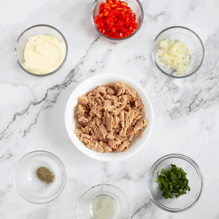 Ingredients needed for Subway Tuna Sandwich Recipe (Copycat) on kitchen table.