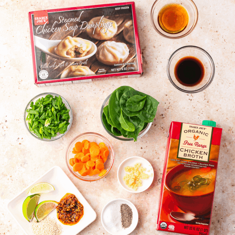 Ingredients needed for Trader Joe's Famous Wonton Soup Recipe on kitchen table.