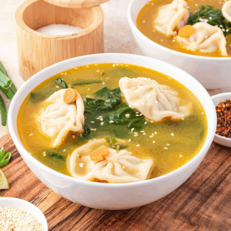 Bowl of Trader Joe’s Famous Wonton Soup with tender wontons and fresh greens in savory broth.
