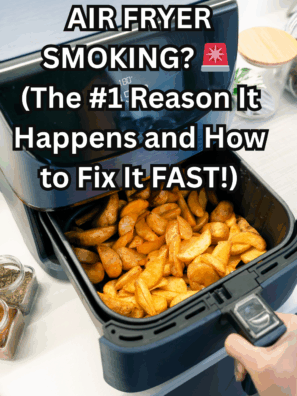 Air fryer smoking on the counter with visible smoke rising from the basket.