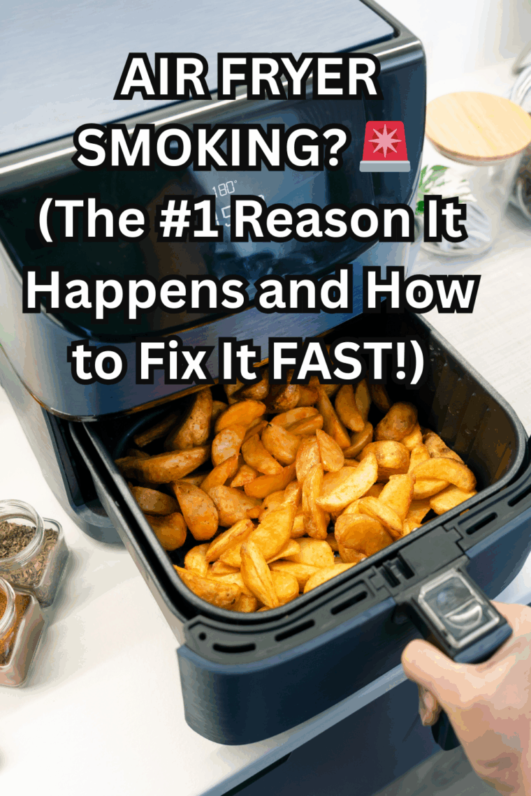 Air fryer smoking on the counter with visible smoke rising from the basket.