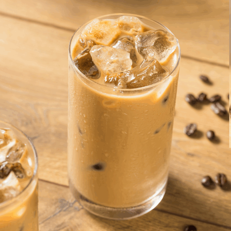 Refreshing First Watch-style iced coffee served with ice and milk.