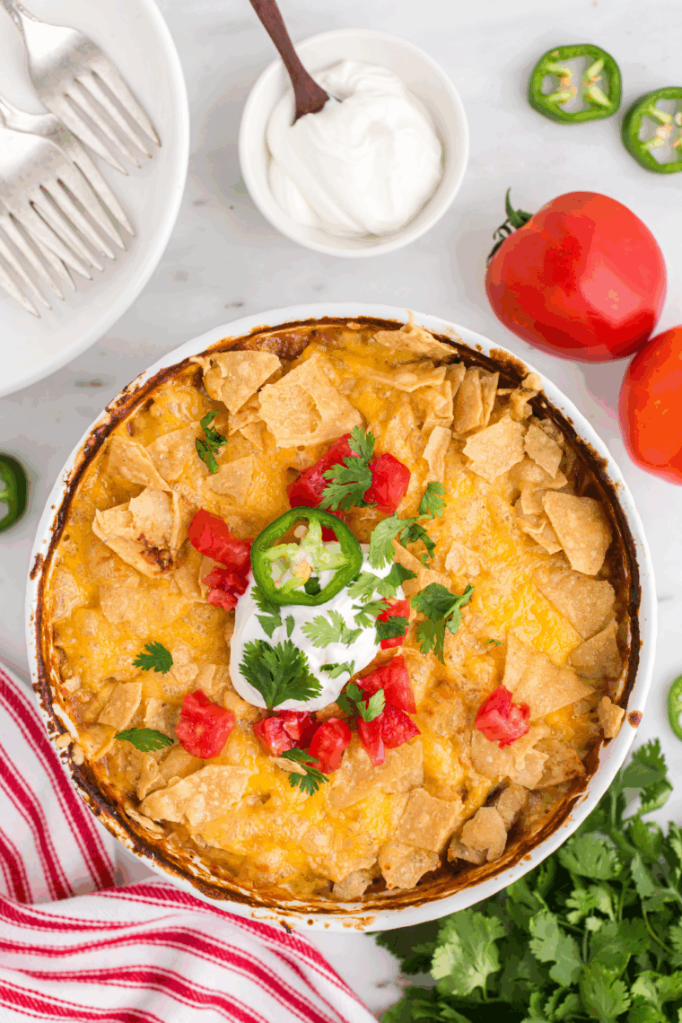 Ina Garten's Mexican Chicken Casserole, baked until golden and bubbly, topped with fresh cilantro.