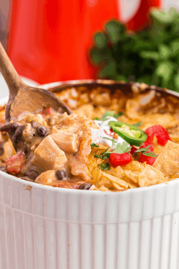 Ina Garten's Mexican Chicken Casserole, baked until golden and bubbly, topped with fresh cilantro.