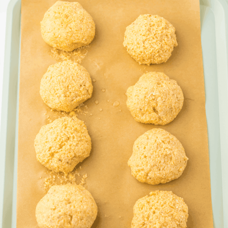 Hands mixing matzo meal, eggs, and oil in a bowl, followed by a photo of uniform, raw matzo balls resting on a plate.