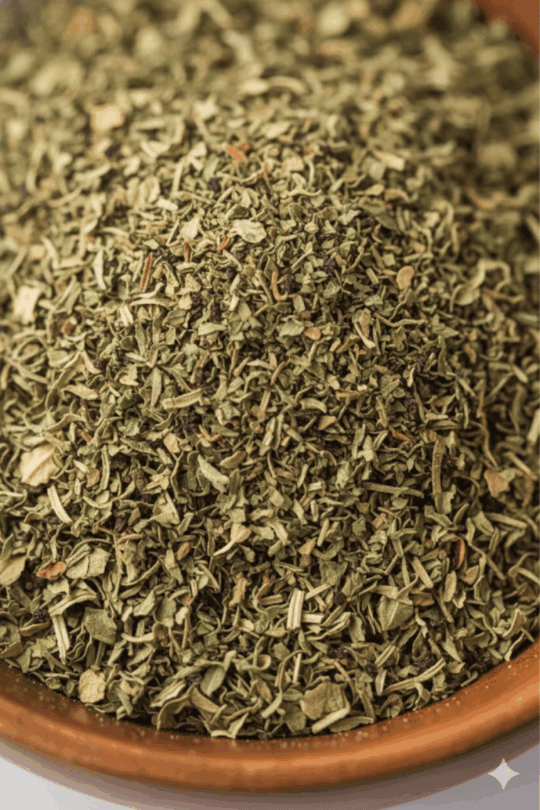 Homemade spaghetti seasoning in a small bowl with dried herbs and spices.