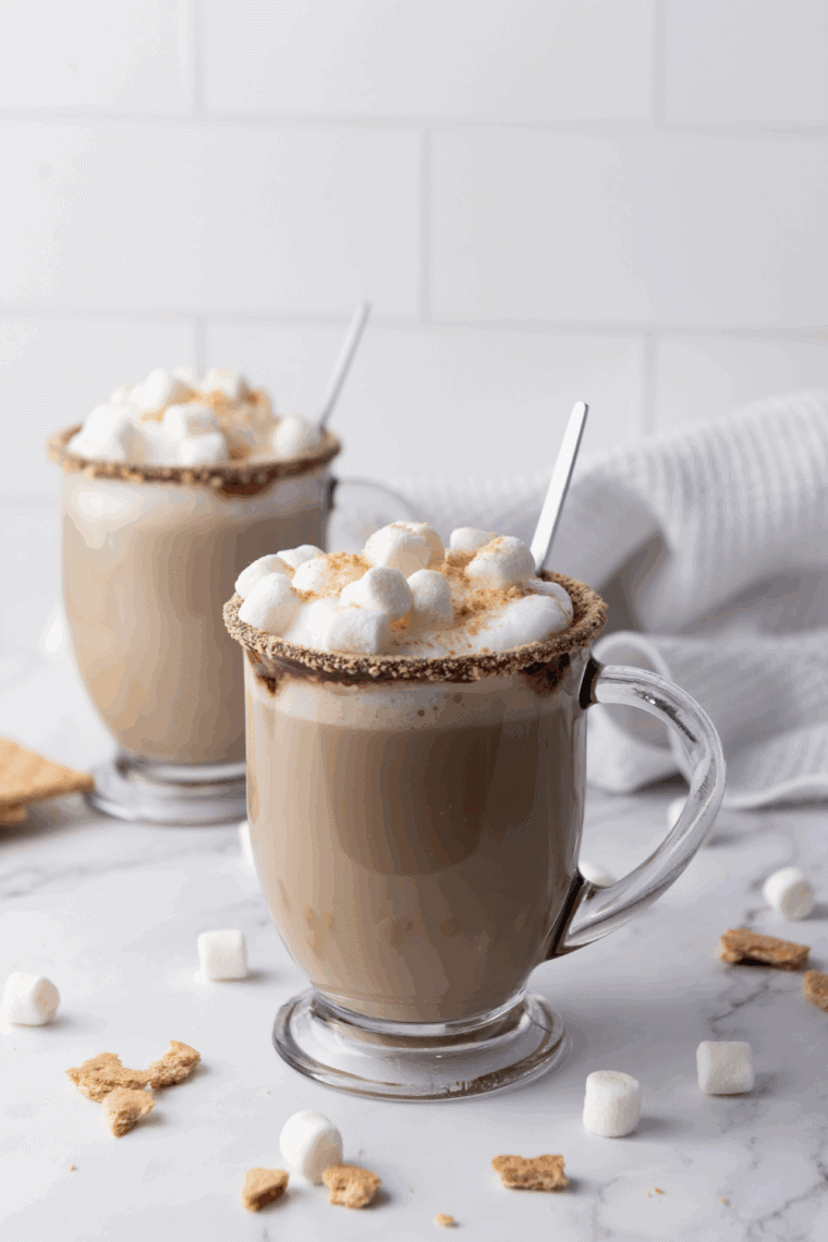 Close-up of S’mores Hot Chocolate in a mug, topped with toasted marshmallows and crushed graham crackers.