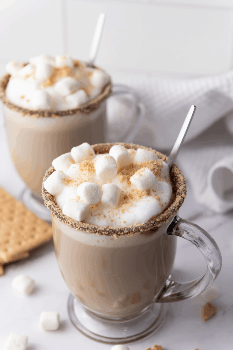 Mug of S’mores Hot Chocolate topped with toasted marshmallows and crushed graham crackers.