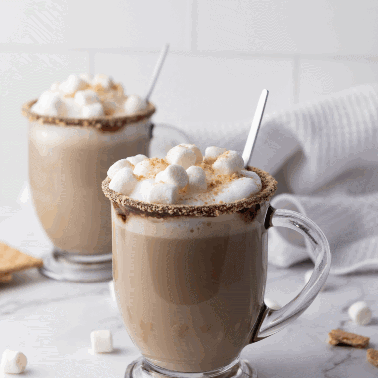 Mug of S’mores Hot Chocolate topped with toasted marshmallows and crushed graham crackers.