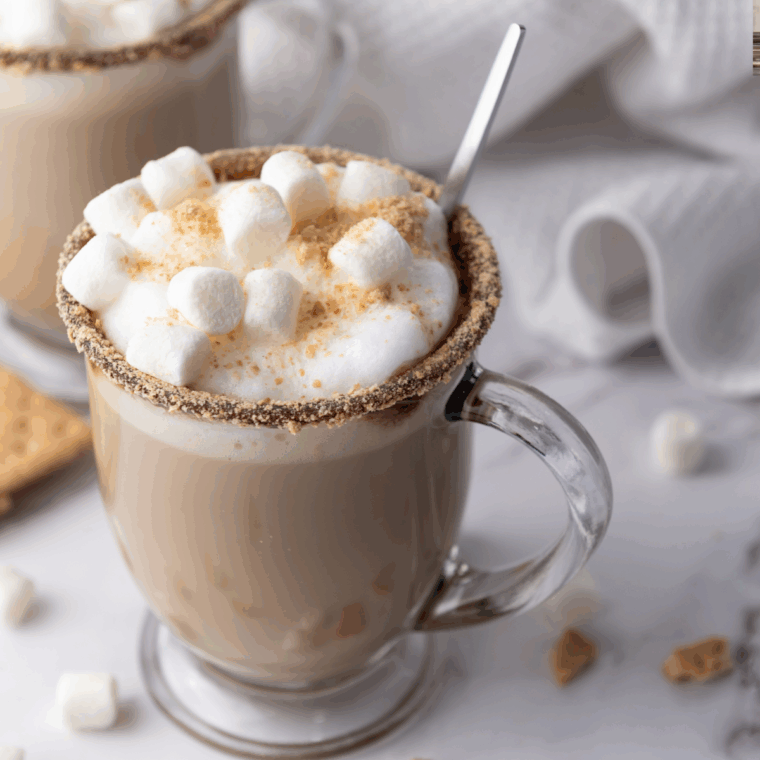 Finished S’mores Hot Chocolate ready to sip, topped with whipped marshmallow cream.