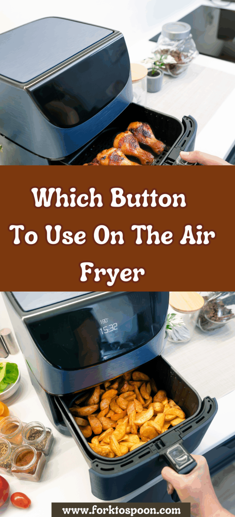 Close-up of an air fryer control panel with labeled cooking buttons and presets