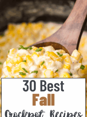 Assorted fall crockpot recipes including soups, stews, chili, and slow cooked dinners in a variety of crockpots and bowls.