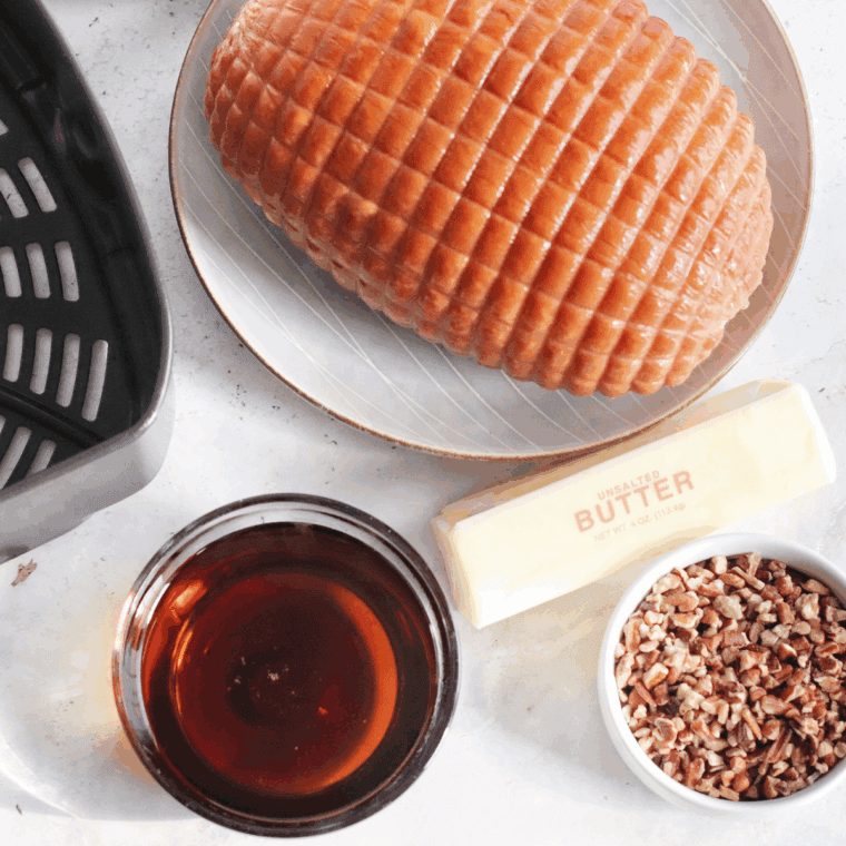 Ingredients needed for Easy Air Fryer Christmas Ham Recipe on kitchen table.