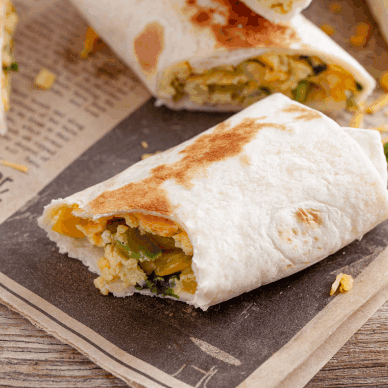 Copycat SuperSonic Breakfast Burrito filled with eggs, sausage, cheese, and crispy tater tots, sliced in half on a plate.