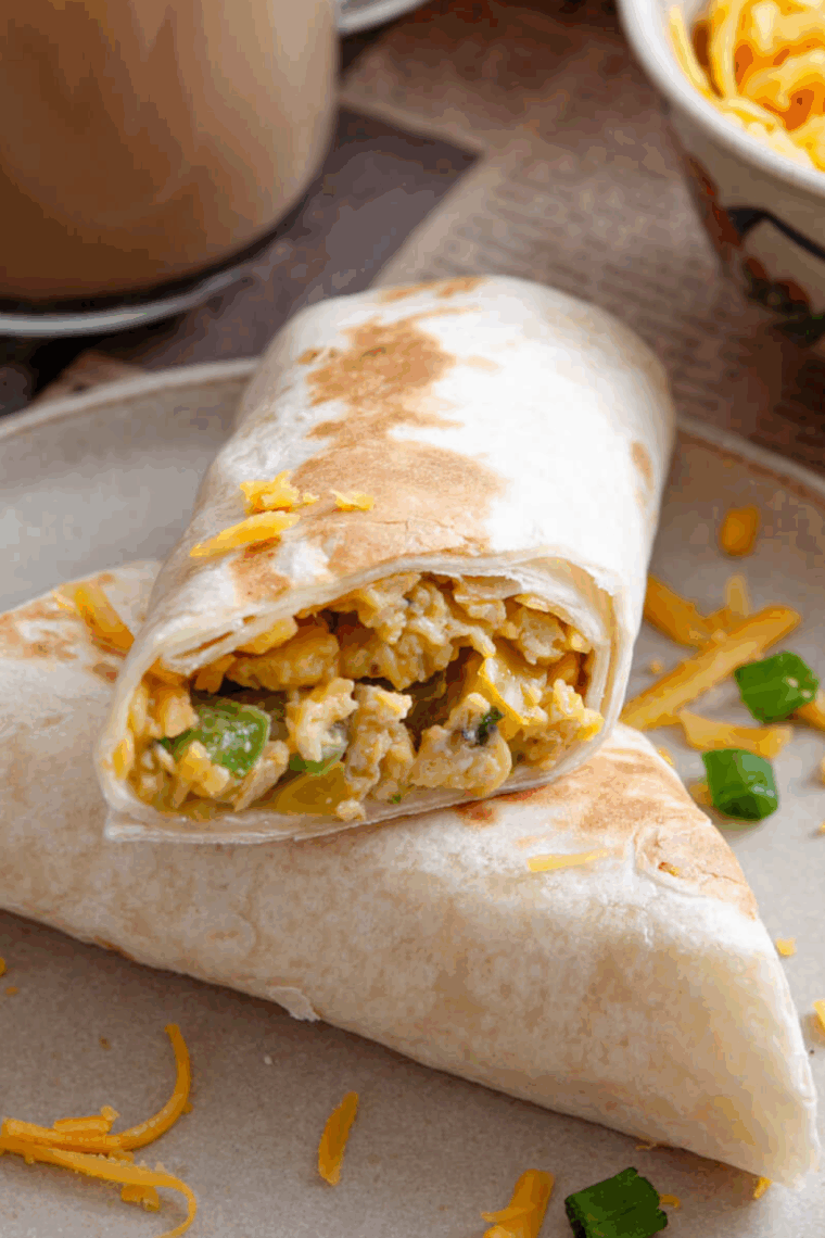 Homemade SuperSonic breakfast burrito with eggs, sausage, cheese, and crispy tater tots, cut in half on a plate.