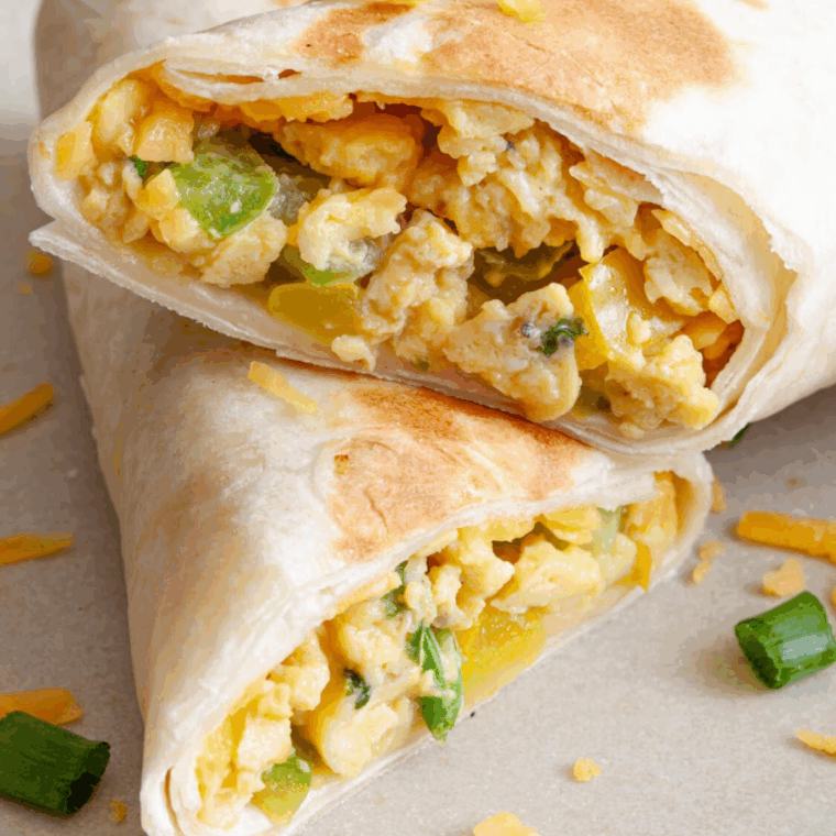 Homemade SuperSonic-style breakfast burrito filled with eggs, sausage, cheese, and tater tots, cut in half on a plate.