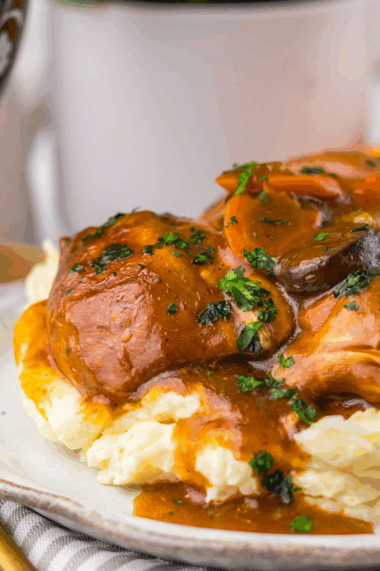 Slow cooker chicken merlot with tender chicken, carrots, mushrooms, and red wine sauce garnished with fresh parsley