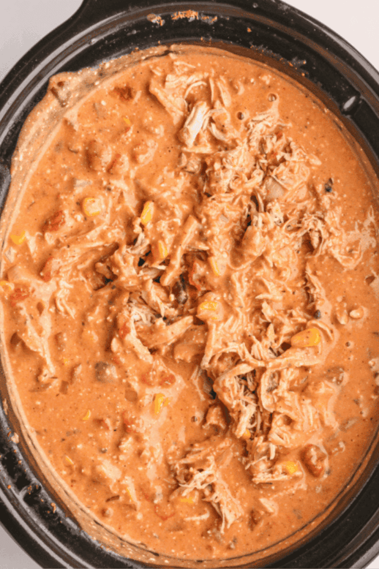 Slow cooker filled with raw chicken, beans, corn, chiles, and broth.