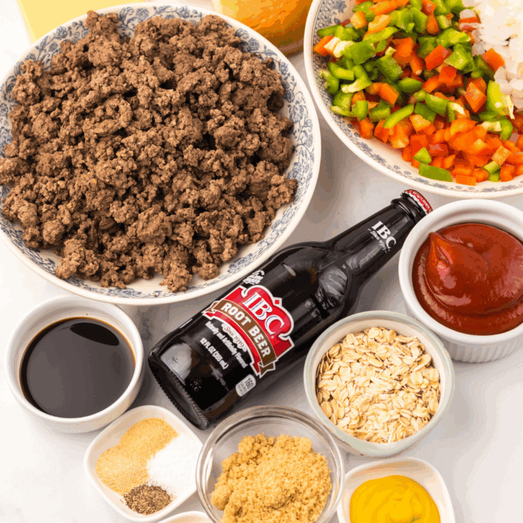 Ingredients needed for Slow Cooker Root Beer Sloppy Joe Sliders on kitchen table.