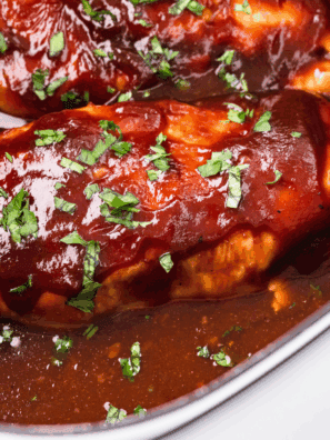 Slow Cooker Sweet Baby Ray’s Chicken cooked until tender and coated in thick, glossy barbecue sauce.