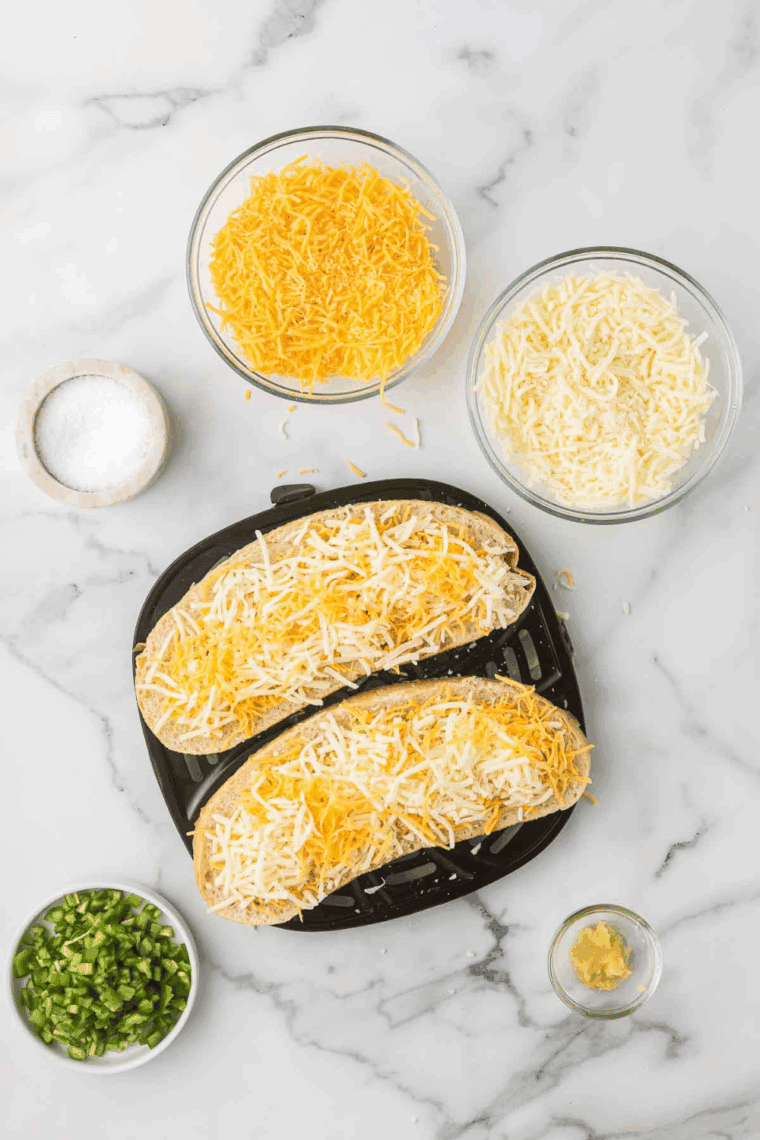 Bread slices topped with evenly spread shredded or sliced cheese and herbs