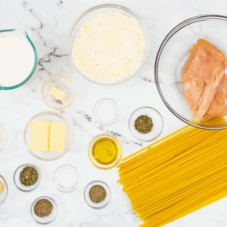 Ingredients needed for Better Than Olive Garden: The Secret to Extra-Creamy 10-Minute Alfredo on kitchen table.