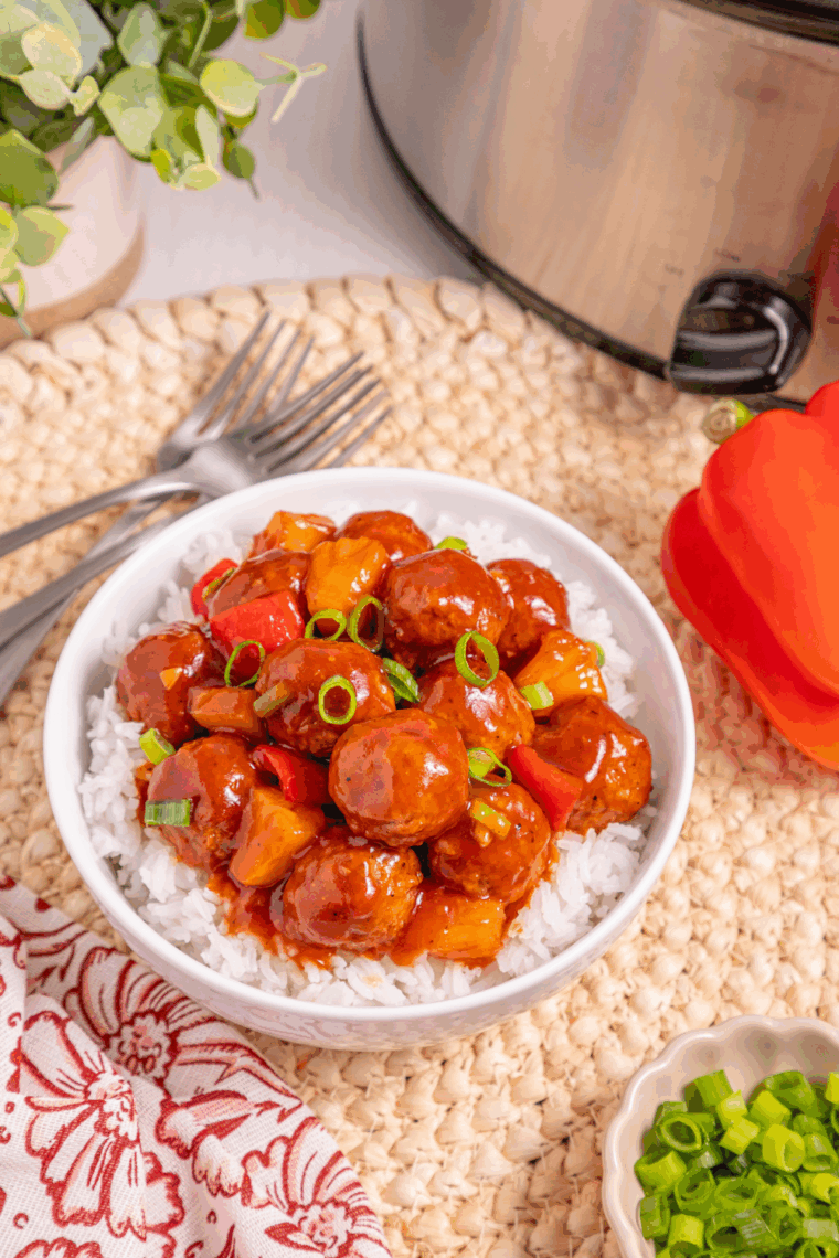 Crock Pot Hawaiian meatballs with pineapple and bell peppers in BBQ sauce