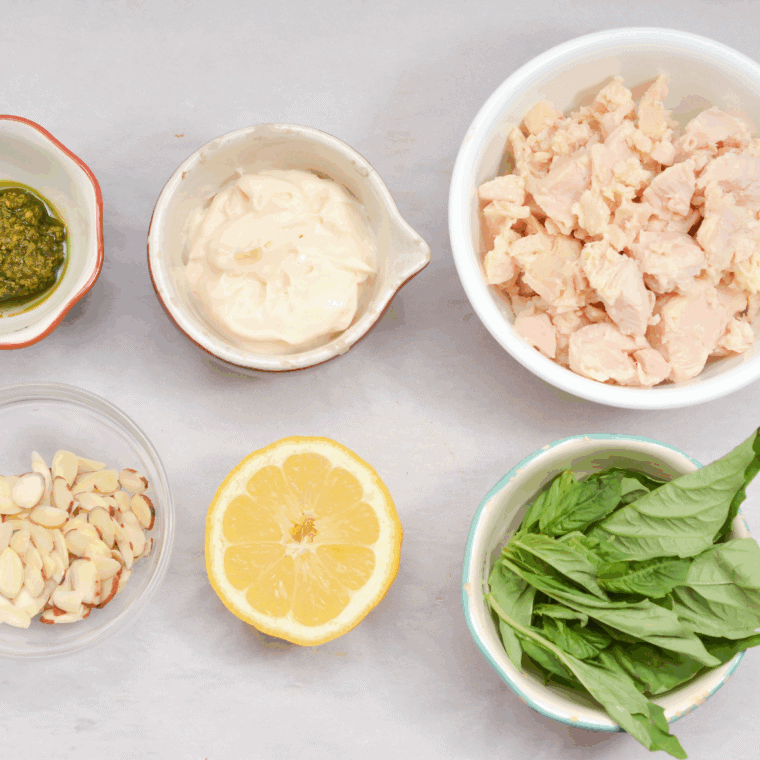 Ingredients needed for Easy Basic Chicken Salad Recipe without Celery on kitchen table.