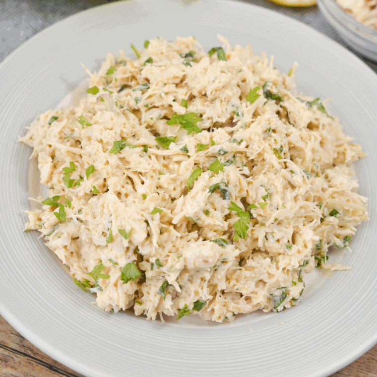 Easy basic chicken salad without celery served in a bowl