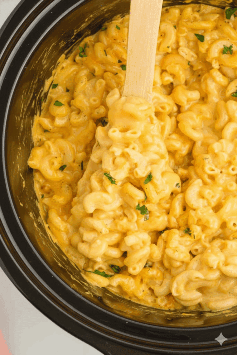 A wooden spoon stirring a black slow cooker full of hot, cheesy Bojangles copycat mac and cheese.