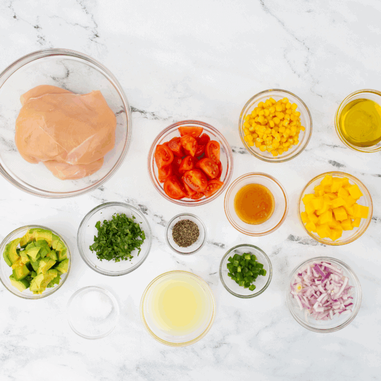 Ingredients needed for Easy Mango Salad Dressing Recipe on kitchen table.