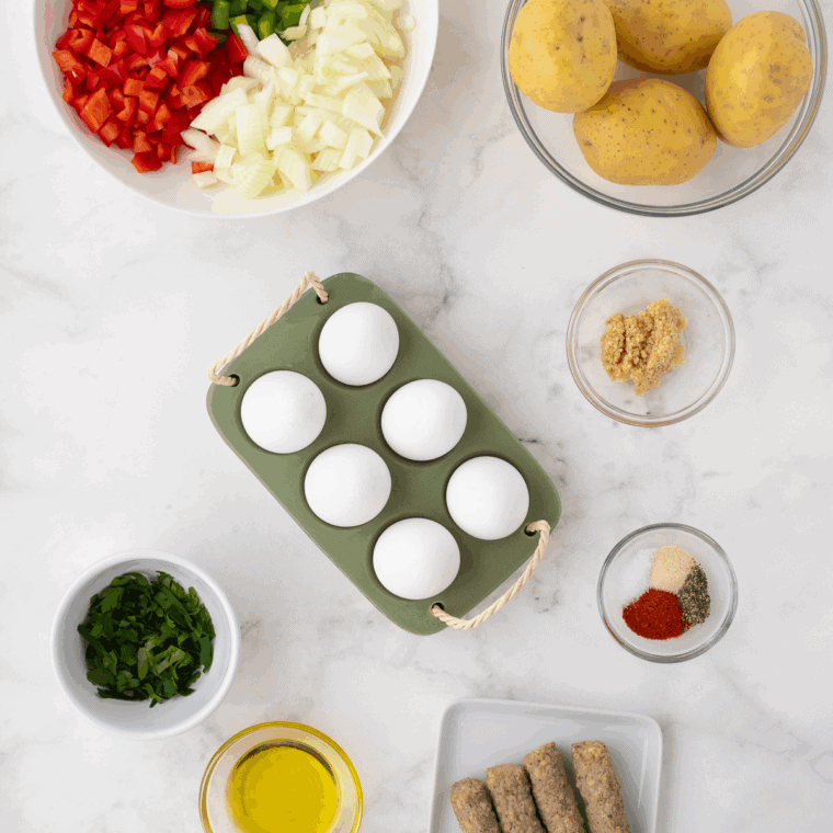Ingredients needed for First Watch Copycat Market Hash Recipe on kitchen table.