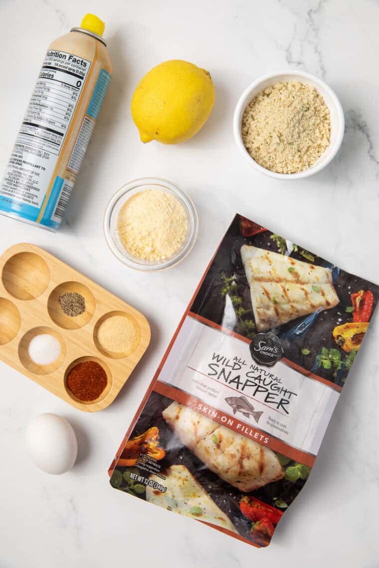 Ingredients needed for Easy Air Fryer Panko Crusted Red Snapper on kitchen table.