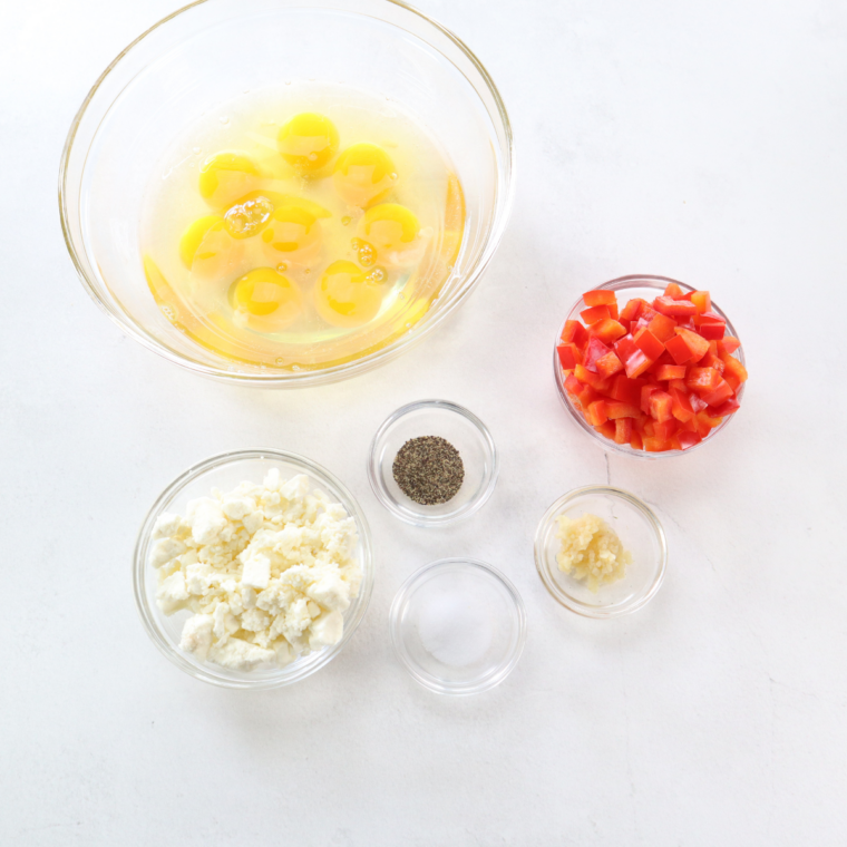 Ingredients needed for Air Fryer Starbucks Copycat Egg White & Roasted Red Pepper Egg Bites on kitchen table.
