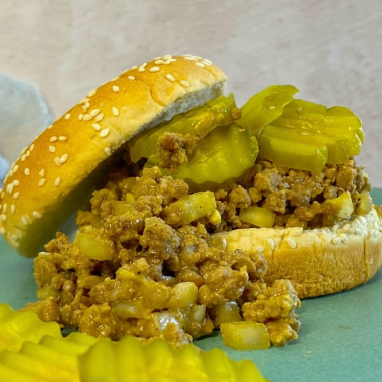 Air fryer copycat Maid-Rite sandwich with seasoned ground beef on a soft bun, ready to serve.