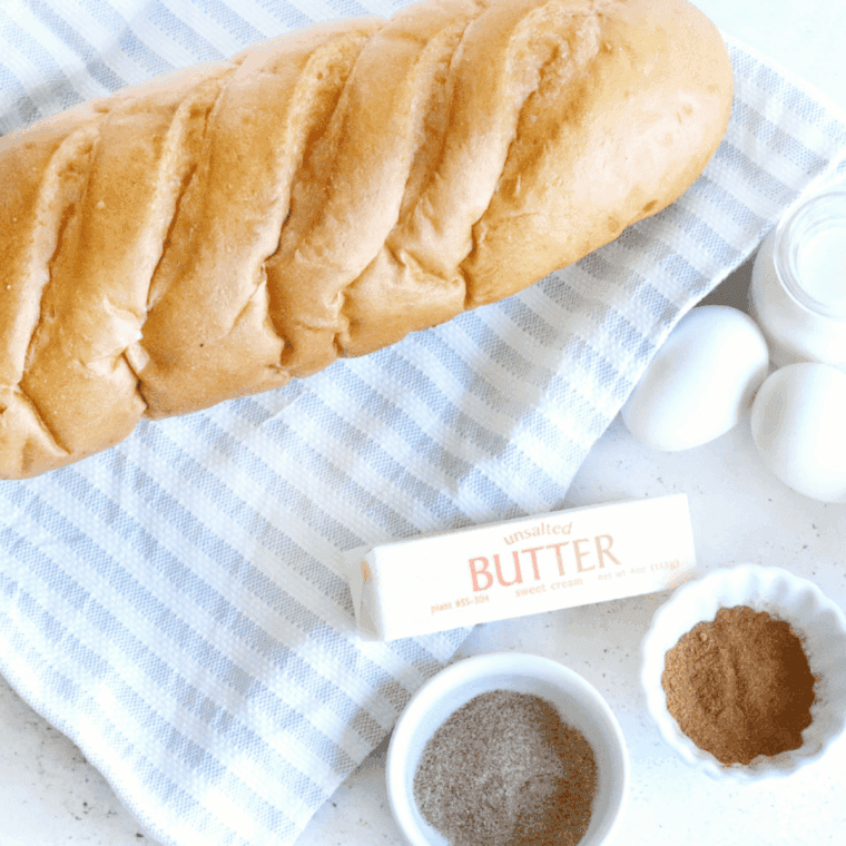 Ingredients needed for Easy Air Fryer French Toast Bites on kitchen table.