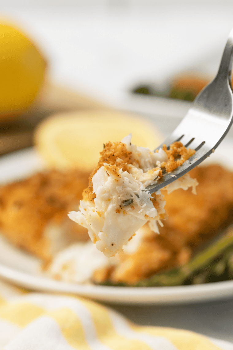 Air fryer panko crusted red snapper fillet, golden brown, served with lemon wedges and herbs