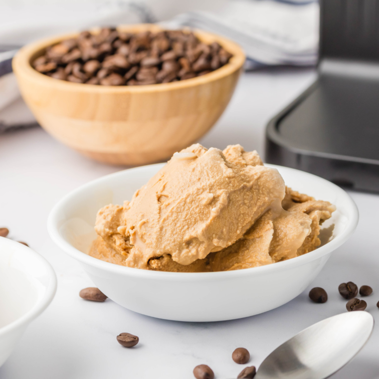 “Close-up of smooth, rich coffee gelato in bowl”