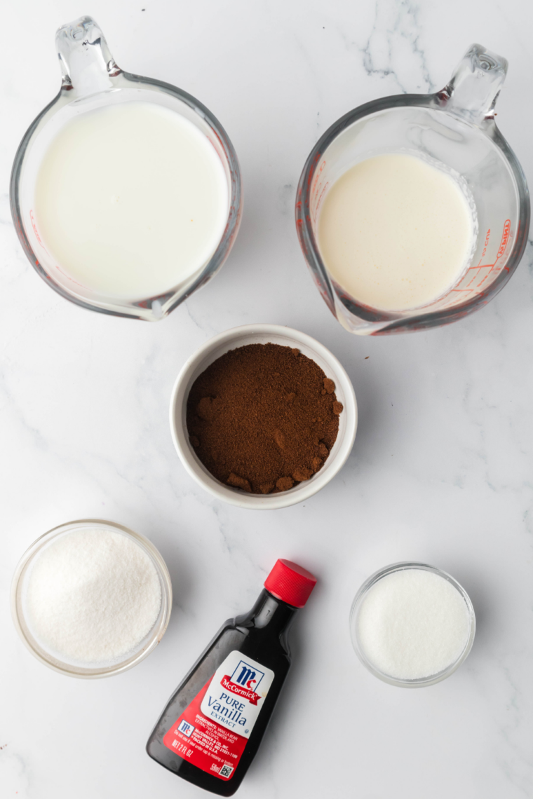 Ingredients needed for Easy Ninja Creami Coffee Gelato on kitchen table.