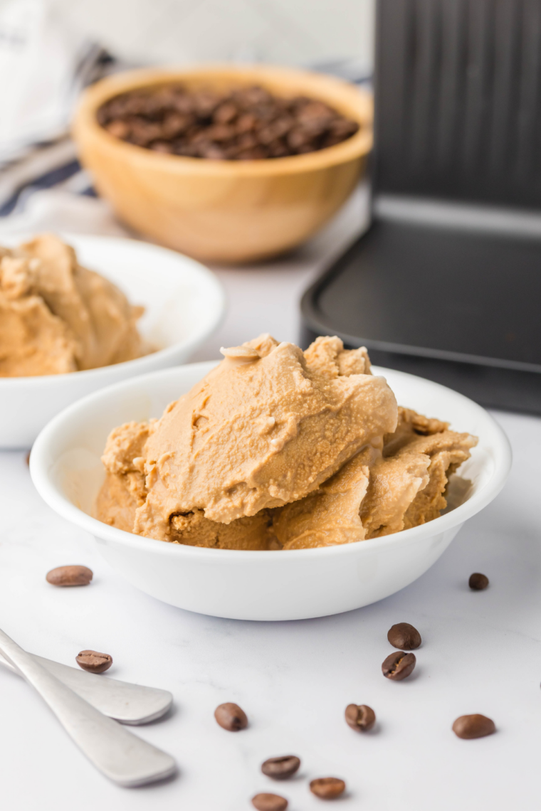 Close-up of smooth coffee gelato made in Ninja Creami